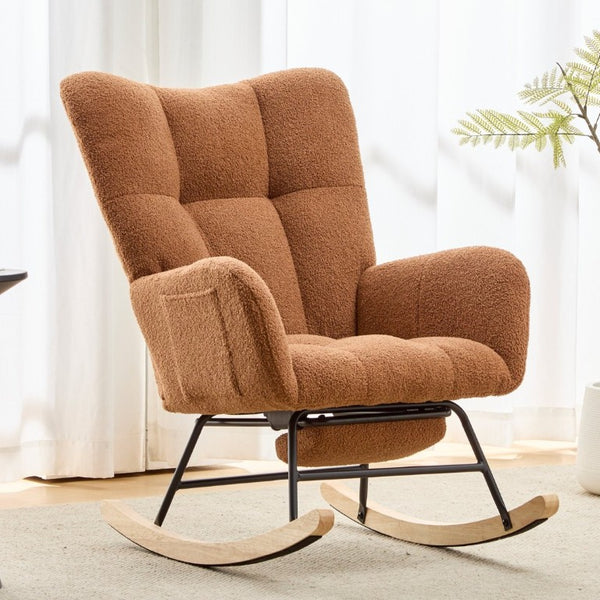 English Elm Teddy Fleece Wingback Glider Rocker with Ottoman and Built-In Armrest Storage Pocket Brown W3723P494845