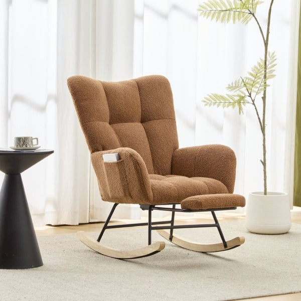 English Elm Teddy Fleece Wingback Glider Rocker with Ottoman and Built-In Armrest Storage Pocket Brown W3723P494845