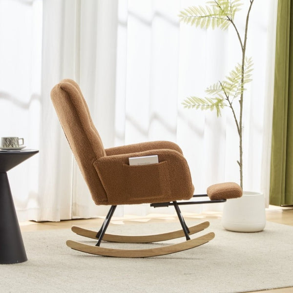 English Elm Teddy Fleece Wingback Glider Rocker with Ottoman and Built-In Armrest Storage Pocket Brown W3723P494845