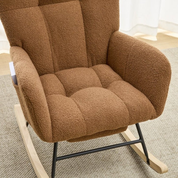 English Elm Teddy Fleece Wingback Glider Rocker with Ottoman and Built-In Armrest Storage Pocket Brown W3723P494845