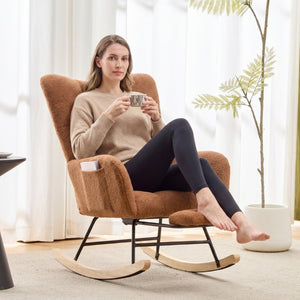 English Elm Teddy Fleece Wingback Glider Rocker with Ottoman and Built-In Armrest Storage Pocket Brown W3723P494845