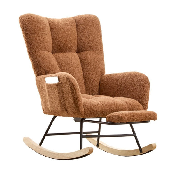 English Elm Teddy Fleece Wingback Glider Rocker with Ottoman and Built-In Armrest Storage Pocket Brown W3723P494845
