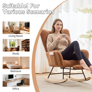 English Elm Teddy Fleece Wingback Glider Rocker with Ottoman and Built-In Armrest Storage Pocket Brown W3723P494845