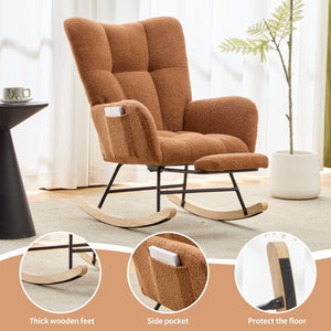 English Elm Teddy Fleece Wingback Glider Rocker with Ottoman and Built-In Armrest Storage Pocket Brown W3723P494845