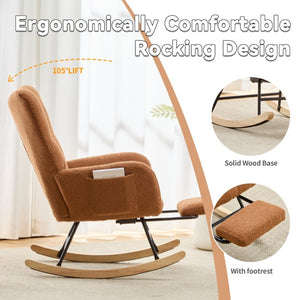 English Elm Teddy Fleece Wingback Glider Rocker with Ottoman and Built-In Armrest Storage Pocket Brown W3723P494845