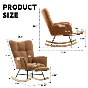 English Elm Teddy Fleece Wingback Glider Rocker with Ottoman and Built-In Armrest Storage Pocket Brown W3723P494845