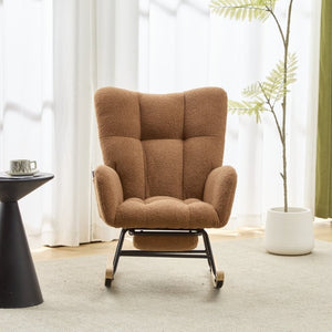 English Elm Teddy Fleece Wingback Glider Rocker with Ottoman and Built-In Armrest Storage Pocket Brown W3723P494845
