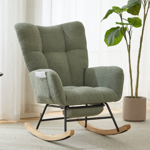 English Elm Teddy Fleece Wingback Glider Rocker with Ottoman and Built-In Armrest Storage Pocket Green W3723P494849