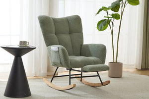 English Elm Teddy Fleece Wingback Glider Rocker with Ottoman and Built-In Armrest Storage Pocket Green W3723P494849
