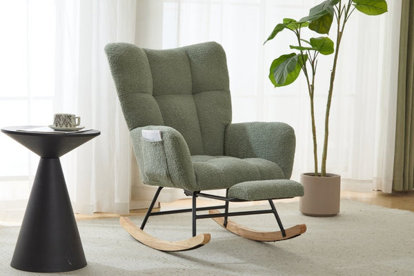 English Elm Teddy Fleece Wingback Glider Rocker with Ottoman and Built-In Armrest Storage Pocket Green W3723P494849