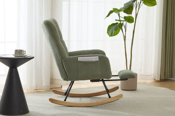 English Elm Teddy Fleece Wingback Glider Rocker with Ottoman and Built-In Armrest Storage Pocket Green W3723P494849