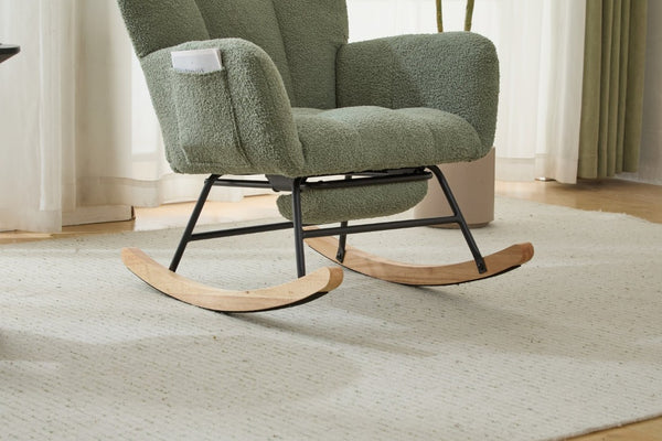 English Elm Teddy Fleece Wingback Glider Rocker with Ottoman and Built-In Armrest Storage Pocket Green W3723P494849