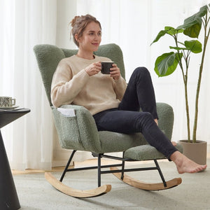 English Elm Teddy Fleece Wingback Glider Rocker with Ottoman and Built-In Armrest Storage Pocket Green W3723P494849
