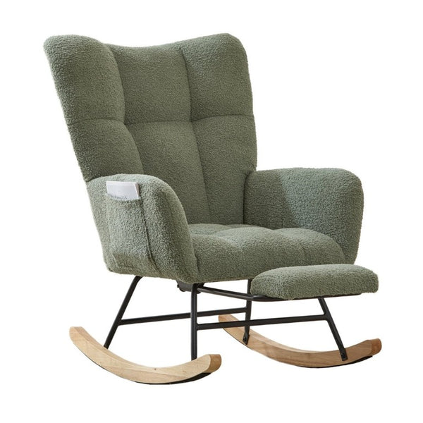 English Elm Teddy Fleece Wingback Glider Rocker with Ottoman and Built-In Armrest Storage Pocket Green W3723P494849
