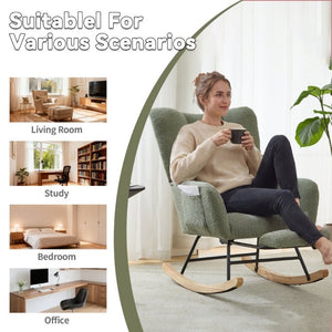 English Elm Teddy Fleece Wingback Glider Rocker with Ottoman and Built-In Armrest Storage Pocket Green W3723P494849