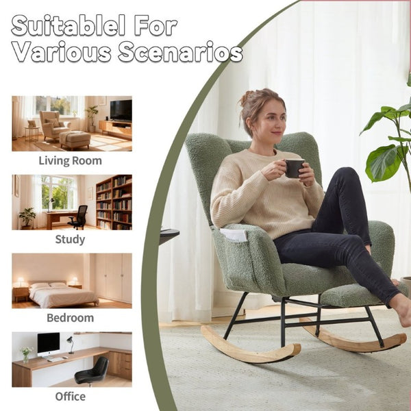English Elm Teddy Fleece Wingback Glider Rocker with Ottoman and Built-In Armrest Storage Pocket Green W3723P494849