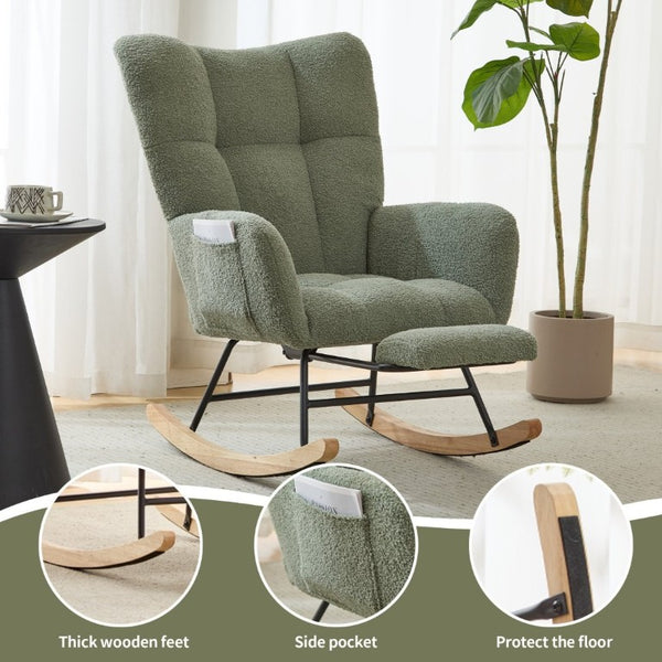 English Elm Teddy Fleece Wingback Glider Rocker with Ottoman and Built-In Armrest Storage Pocket Green W3723P494849