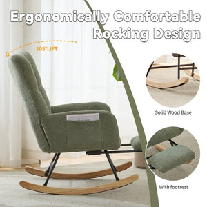 English Elm Teddy Fleece Wingback Glider Rocker with Ottoman and Built-In Armrest Storage Pocket Green W3723P494849