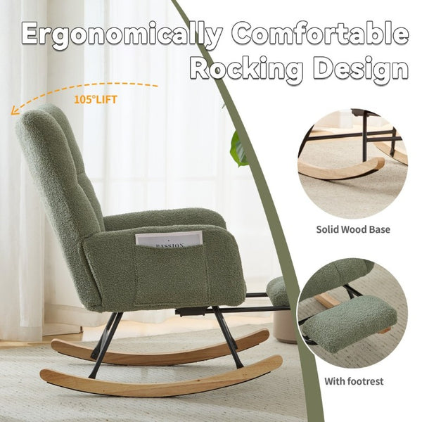 English Elm Teddy Fleece Wingback Glider Rocker with Ottoman and Built-In Armrest Storage Pocket Green W3723P494849
