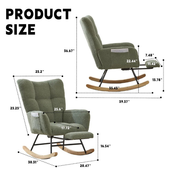 English Elm Teddy Fleece Wingback Glider Rocker with Ottoman and Built-In Armrest Storage Pocket Green W3723P494849