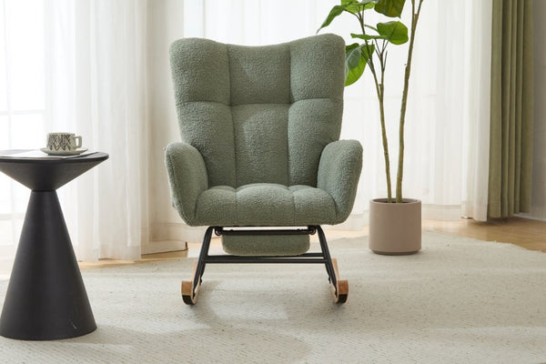 English Elm Teddy Fleece Wingback Glider Rocker with Ottoman and Built-In Armrest Storage Pocket Green W3723P494849