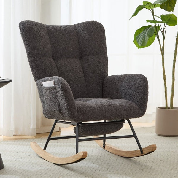 English Elm Teddy Fleece Wingback Glider Rocker with Ottoman and Built-In Armrest Storage Pocket Grey W3723P494858