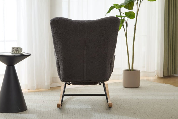 English Elm Teddy Fleece Wingback Glider Rocker with Ottoman and Built-In Armrest Storage Pocket Grey W3723P494858
