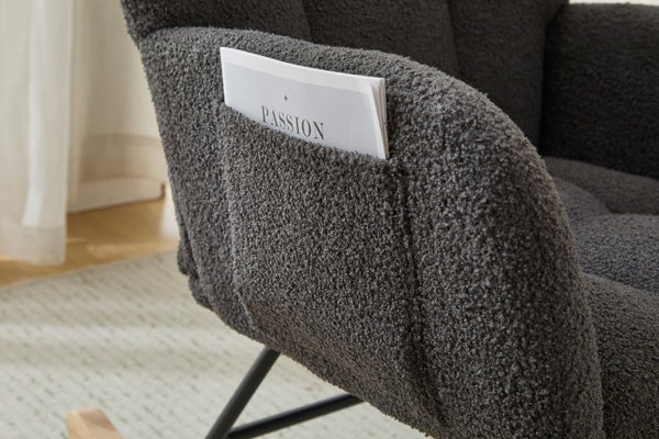 English Elm Teddy Fleece Wingback Glider Rocker with Ottoman and Built-In Armrest Storage Pocket Grey W3723P494858