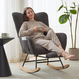 English Elm Teddy Fleece Wingback Glider Rocker with Ottoman and Built-In Armrest Storage Pocket Grey W3723P494858