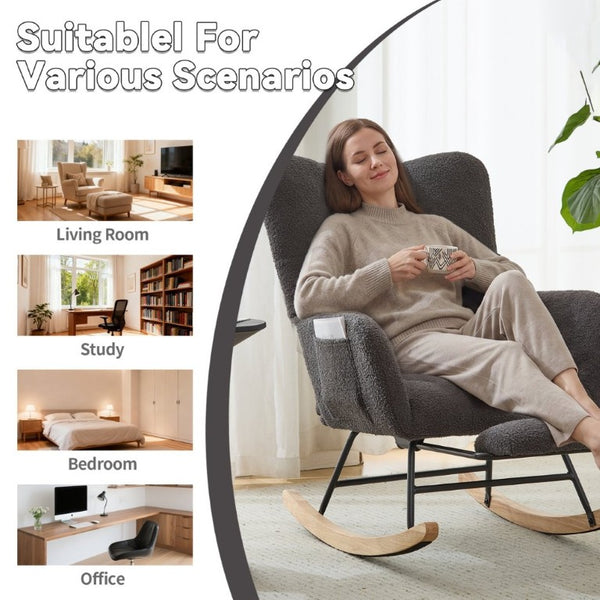 English Elm Teddy Fleece Wingback Glider Rocker with Ottoman and Built-In Armrest Storage Pocket Grey W3723P494858