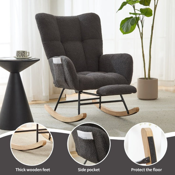English Elm Teddy Fleece Wingback Glider Rocker with Ottoman and Built-In Armrest Storage Pocket Grey W3723P494858