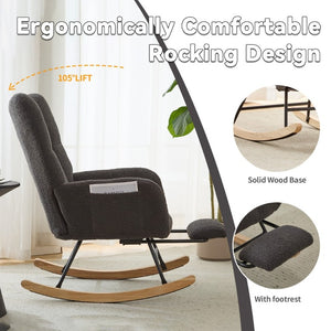 English Elm Teddy Fleece Wingback Glider Rocker with Ottoman and Built-In Armrest Storage Pocket Grey W3723P494858