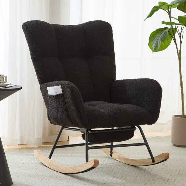 English Elm Dark Navy Teddy Fleece Wingback Glider Rocker Ottoman Set Nursery Accent Chair W3723P500057