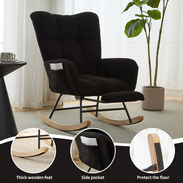 English Elm Dark Navy Teddy Fleece Wingback Glider Rocker Ottoman Set Nursery Accent Chair W3723P500057