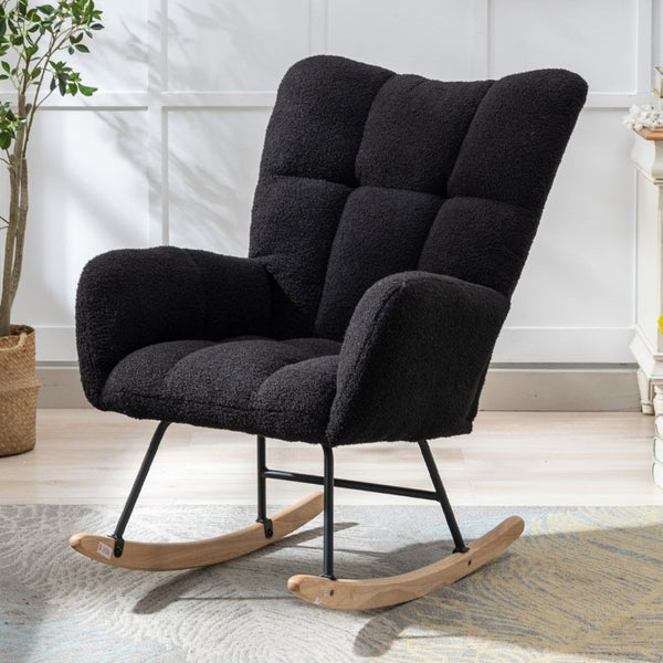 English Elm Teddy Fleece Wingback Glider Rocker Tufted Nursery Chair with Solid Wood Base Dark Blue W3723P500065