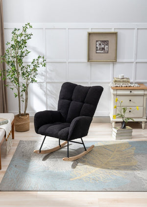 English Elm Teddy Fleece Wingback Glider Rocker Tufted Nursery Chair with Solid Wood Base Dark Blue W3723P500065