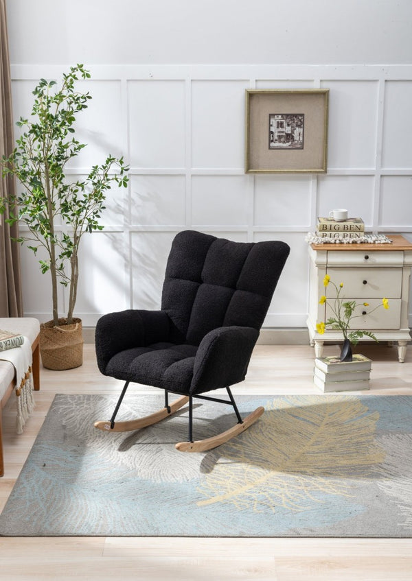 English Elm Teddy Fleece Wingback Glider Rocker Tufted Nursery Chair with Solid Wood Base Dark Blue W3723P500065