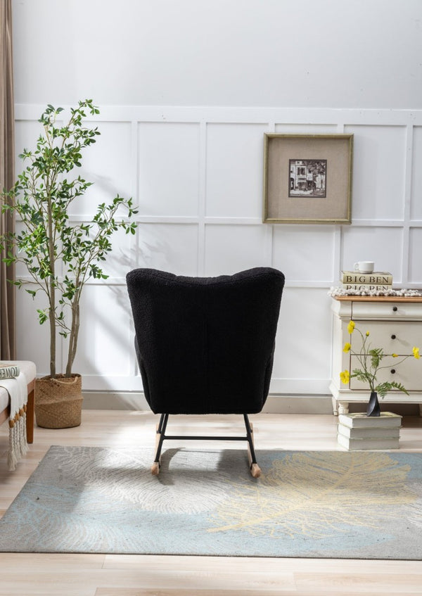 English Elm Teddy Fleece Wingback Glider Rocker Tufted Nursery Chair with Solid Wood Base Dark Blue W3723P500065
