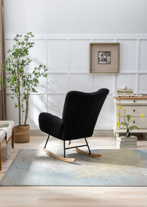 English Elm Teddy Fleece Wingback Glider Rocker Tufted Nursery Chair with Solid Wood Base Dark Blue W3723P500065