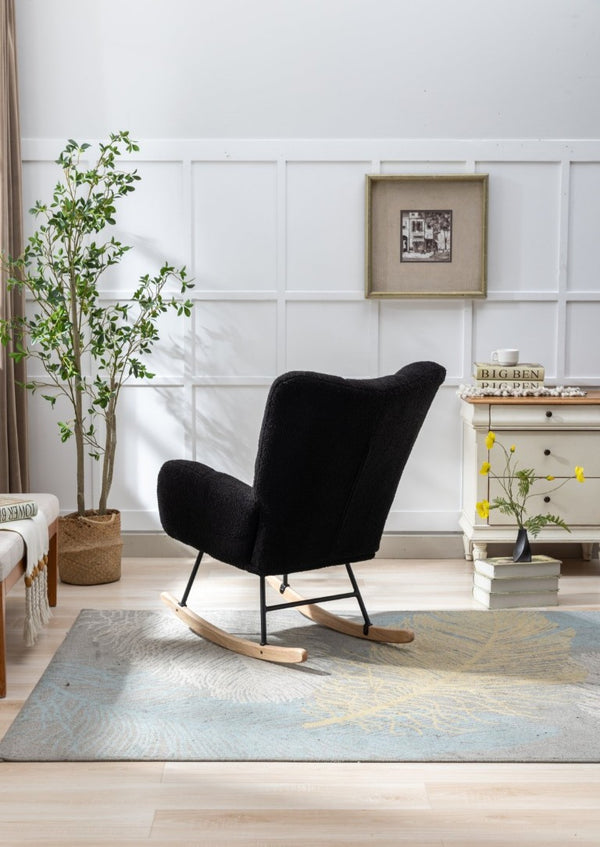 English Elm Teddy Fleece Wingback Glider Rocker Tufted Nursery Chair with Solid Wood Base Dark Blue W3723P500065