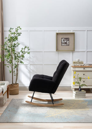 English Elm Teddy Fleece Wingback Glider Rocker Tufted Nursery Chair with Solid Wood Base Dark Blue W3723P500065
