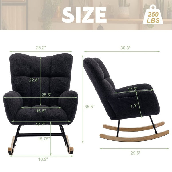English Elm Teddy Fleece Wingback Glider Rocker Tufted Nursery Chair with Solid Wood Base Dark Blue W3723P500065