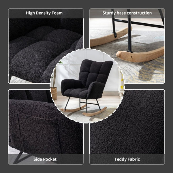 English Elm Teddy Fleece Wingback Glider Rocker Tufted Nursery Chair with Solid Wood Base Dark Blue W3723P500065
