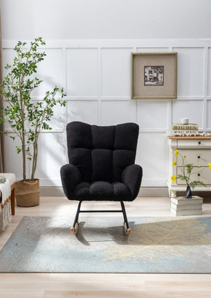 English Elm Teddy Fleece Wingback Glider Rocker Tufted Nursery Chair with Solid Wood Base Dark Blue W3723P500065
