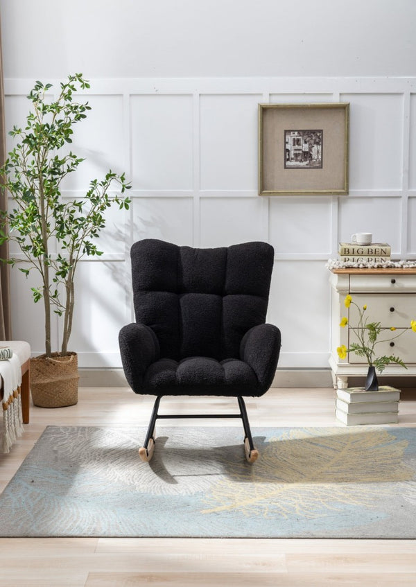 English Elm Teddy Fleece Wingback Glider Rocker Tufted Nursery Chair with Solid Wood Base Dark Blue W3723P500065