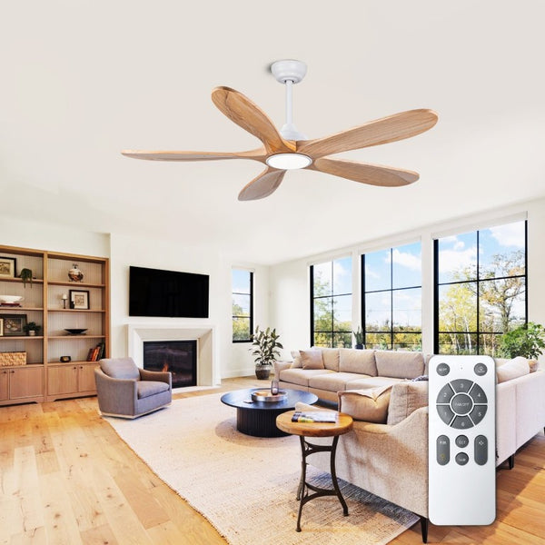 English Elm 52 Inch Natural Wood Blade Ceiling Fan with Dimmable LED Remote and DC Motor W3727P508286