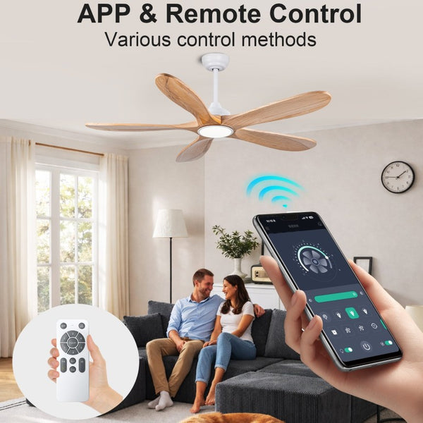 English Elm 52 Inch Natural Wood Blade Ceiling Fan with Dimmable LED Remote and DC Motor W3727P508286