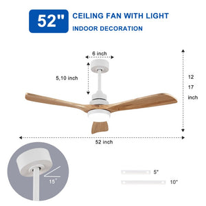 English Elm Solid Wood Blade 52 Inch Ceiling Fan with Dimmable LED Light and Remote Indoor Outdoor W3727P508318