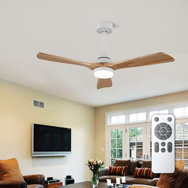 English Elm Solid Wood Blade 52 Inch Ceiling Fan with Dimmable LED Light and Remote Indoor Outdoor W3727P508318