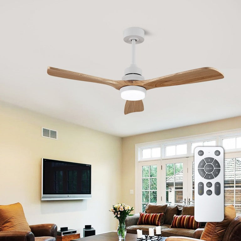 English Elm Solid Wood Blade 52 Inch Ceiling Fan with Dimmable LED Light and Remote Indoor Outdoor W3727P508318